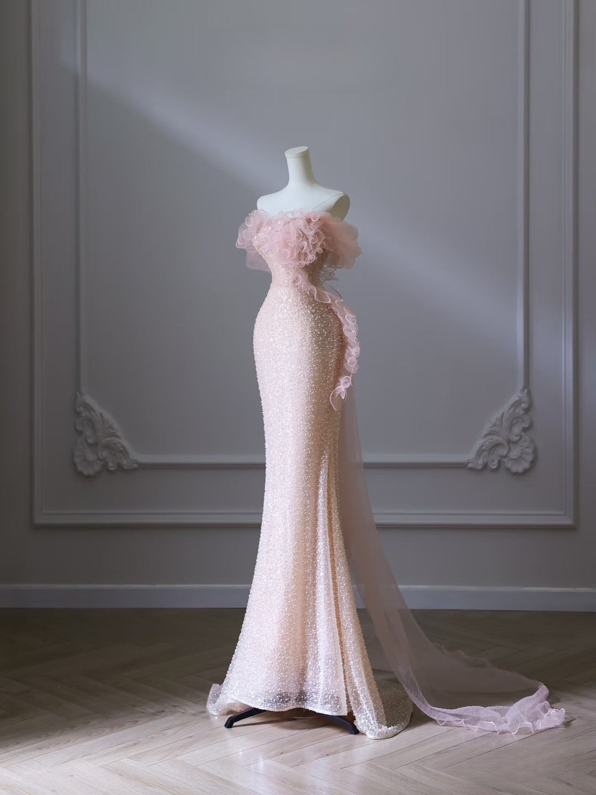 Pretty Mermaid Off-the-Shoulder Pink Sequin Long Prom Dresses Evening Gowns - View 3 | FashionDia