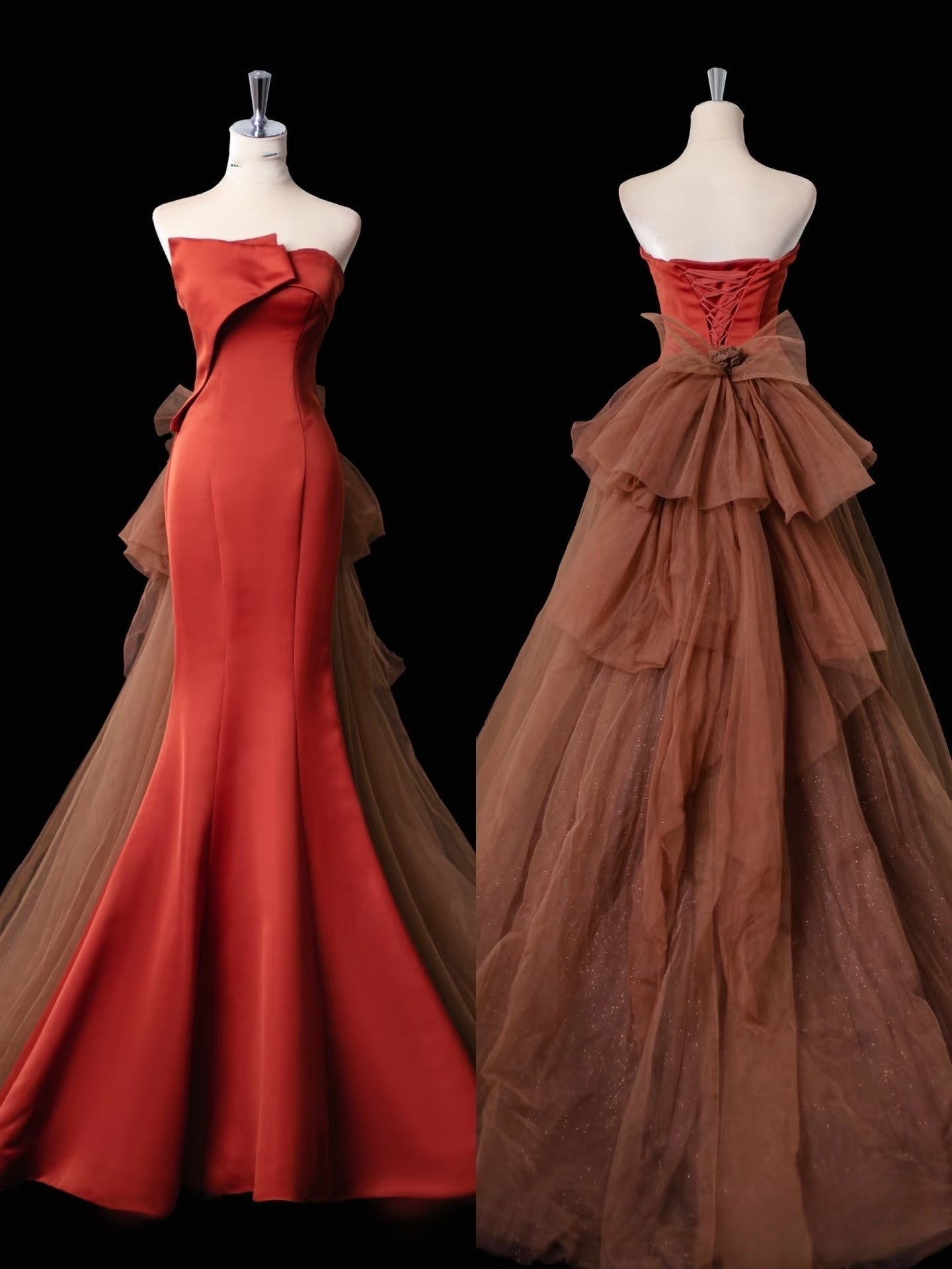 Pretty Mermaid Strapless Satin Long Rust Red Ruffles Long Prom Dresses Formal Evening Dress