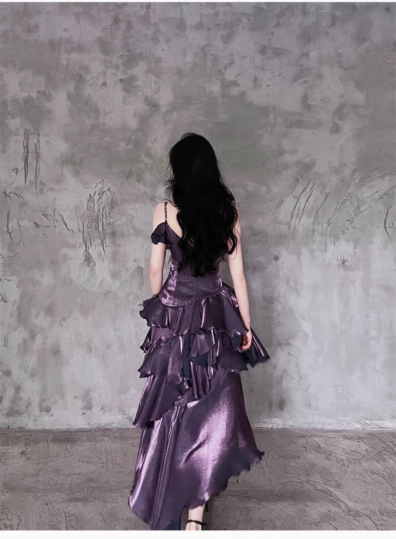 Pretty Irregular Ruffled Spaghetti Straps Grape Prom Dresses With Detachable Rose Long Birthday Dress For Women