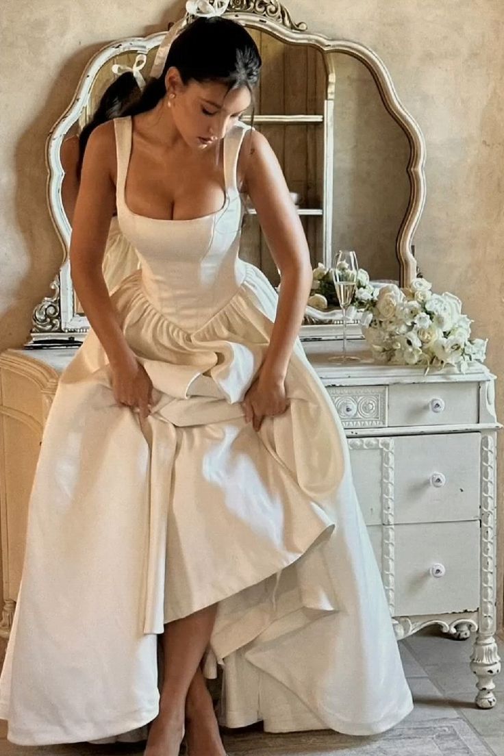 Simple Ball Gown Straps Ivory Satin Long Wedding Dress - FashionDia
