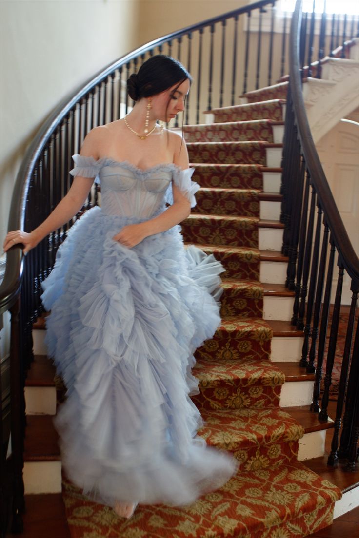 Classy Ball Gown Off The Shoulder Light Sky Blue Tulle Evening Dress Prom Dresses