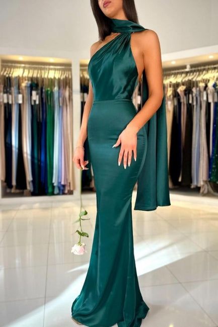 Classy Sheath High Neckline Satin Long Party Dress Green Prom Dresses