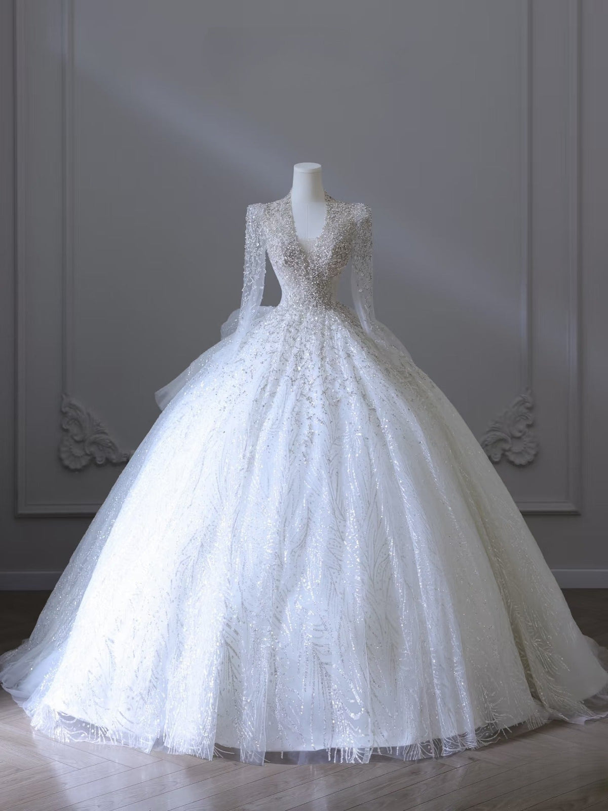 Timeless Ball Gown V Neckline Sequin Long Sleeves Wedding Dress