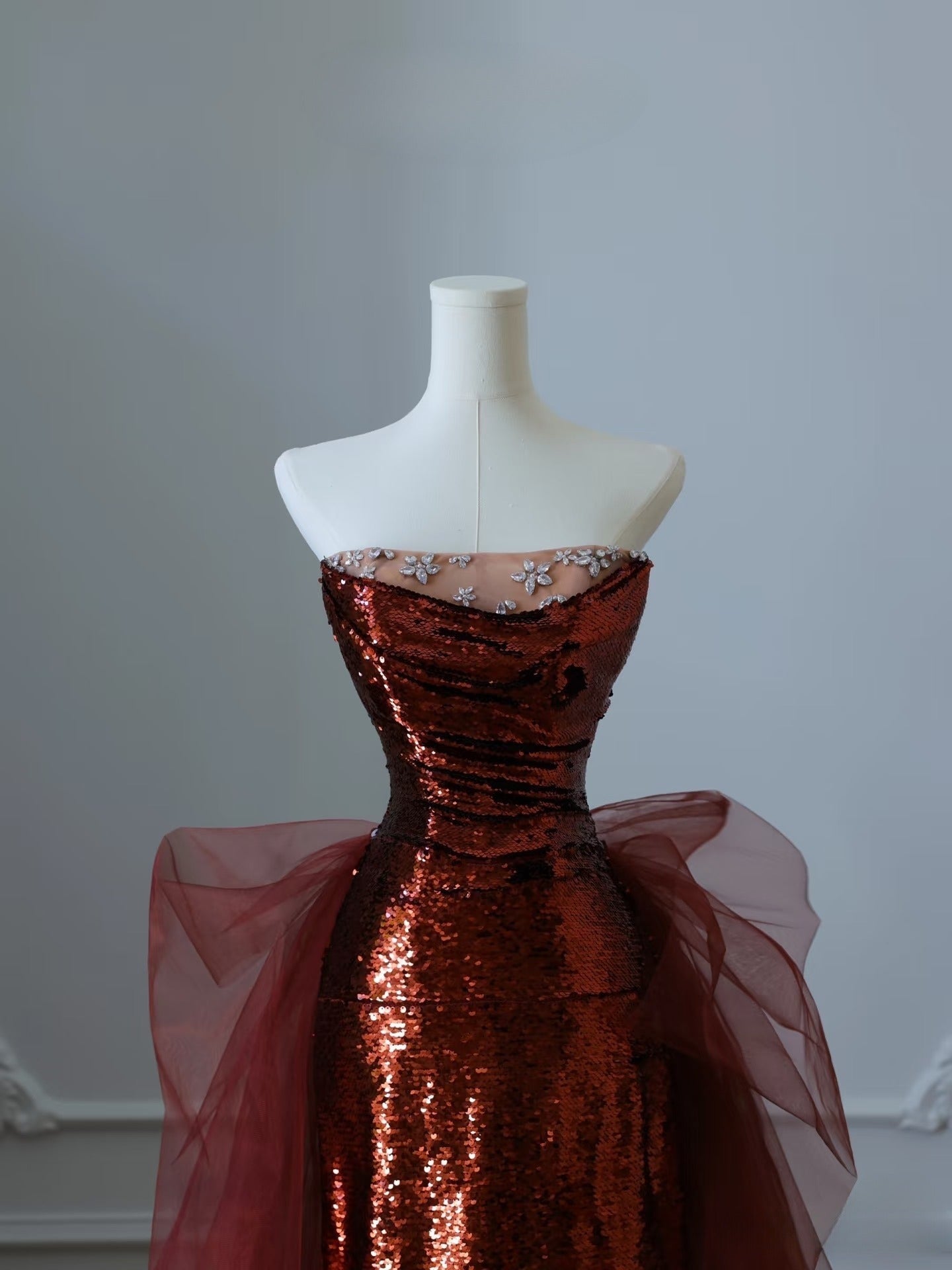 Classy Mermaid Strapless Burgundy Sequin Long Evening Dress Prom Dresses