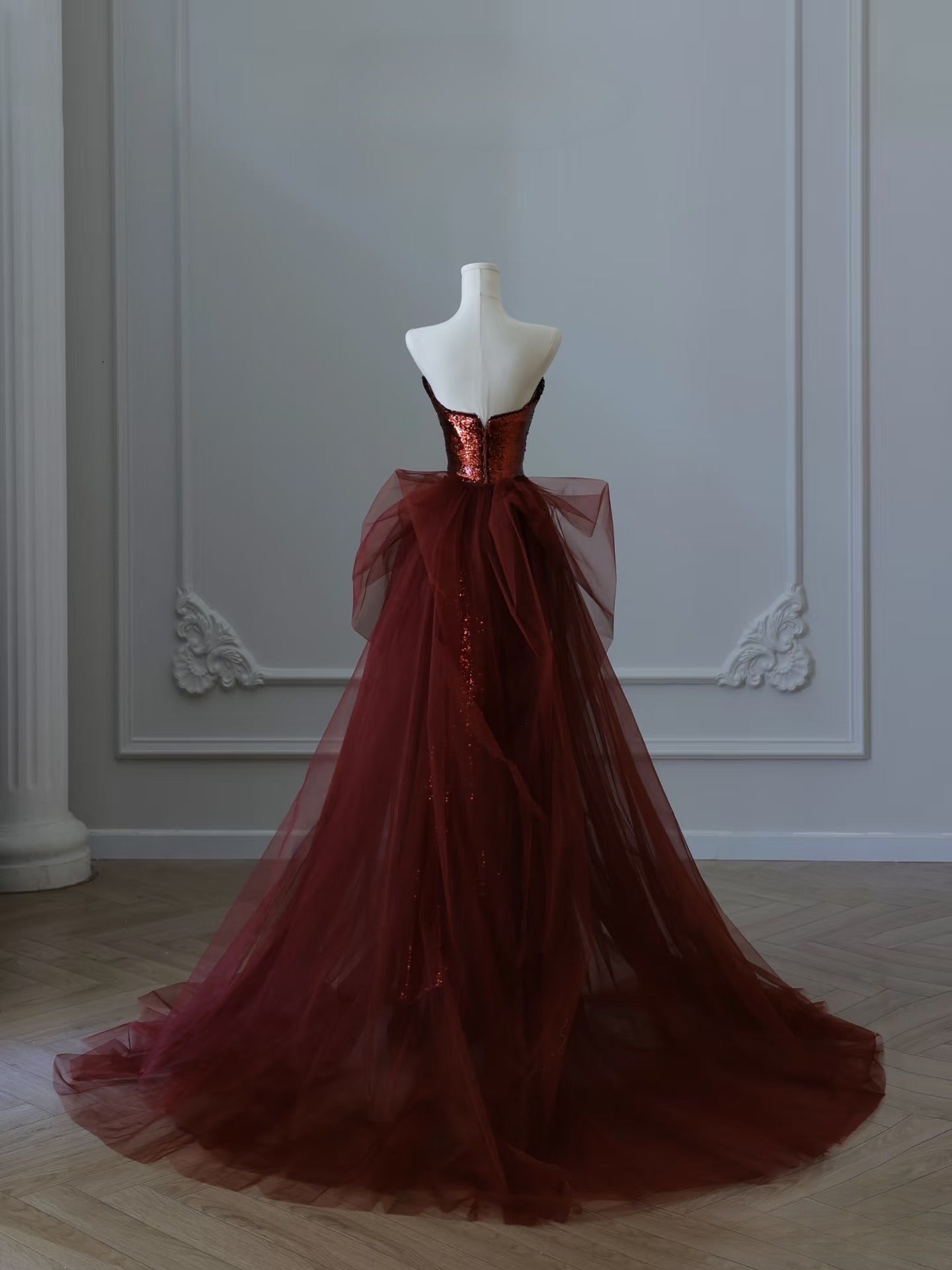 Classy Mermaid Strapless Burgundy Sequin Long Evening Dress Prom Dresses