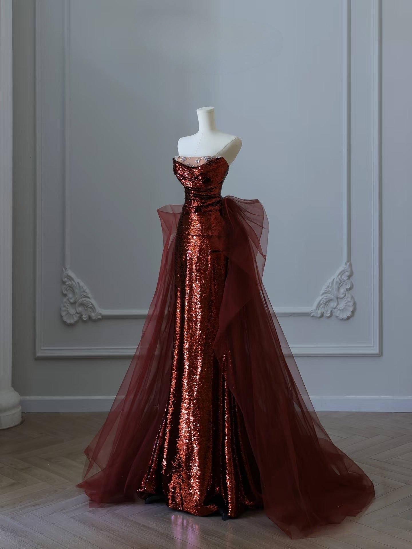 Classy Mermaid Strapless Burgundy Sequin Long Evening Dress Prom Dresses