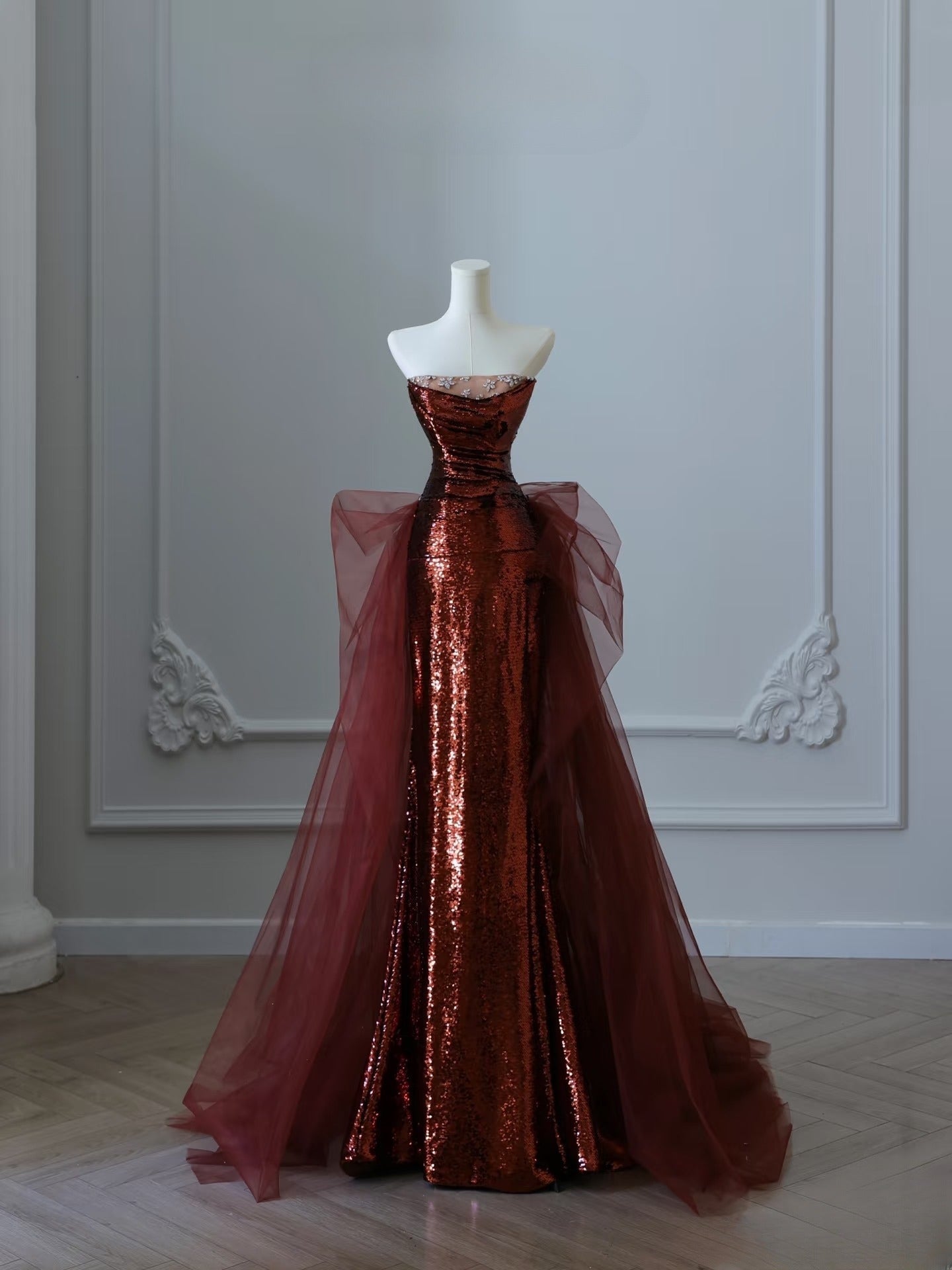 Classy Mermaid Strapless Burgundy Sequin Long Evening Dress Prom Dresses