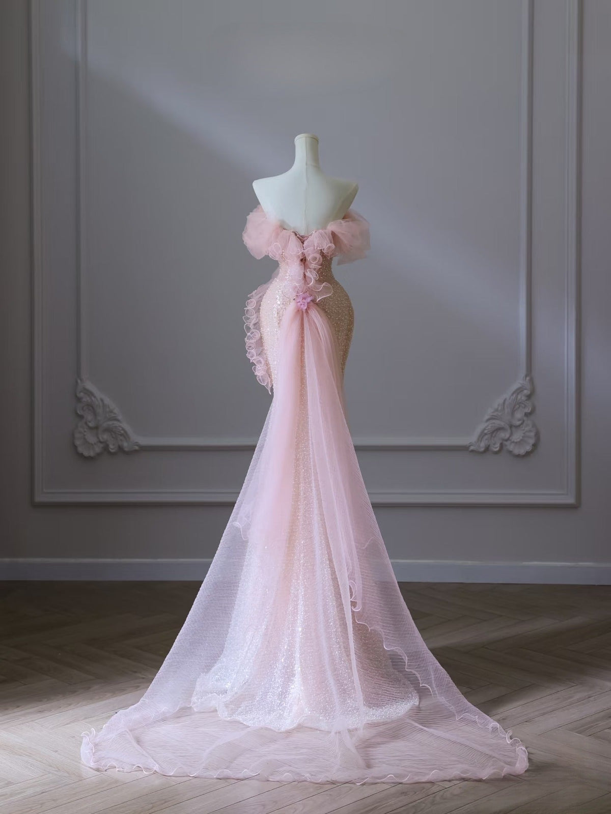 Classy Mermaid Strapless Pink Sequin Long Evening & Prom Dress - View 2 | FashionDia