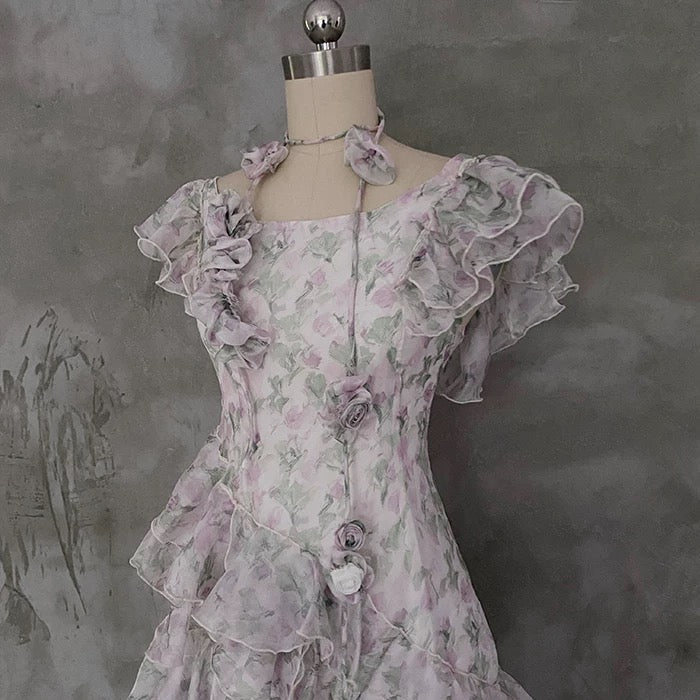 Modest A-Line Scoop Short Sleeves Floral Ruffles Prom Dresses Birthday Dress - View 4 | FashionDia