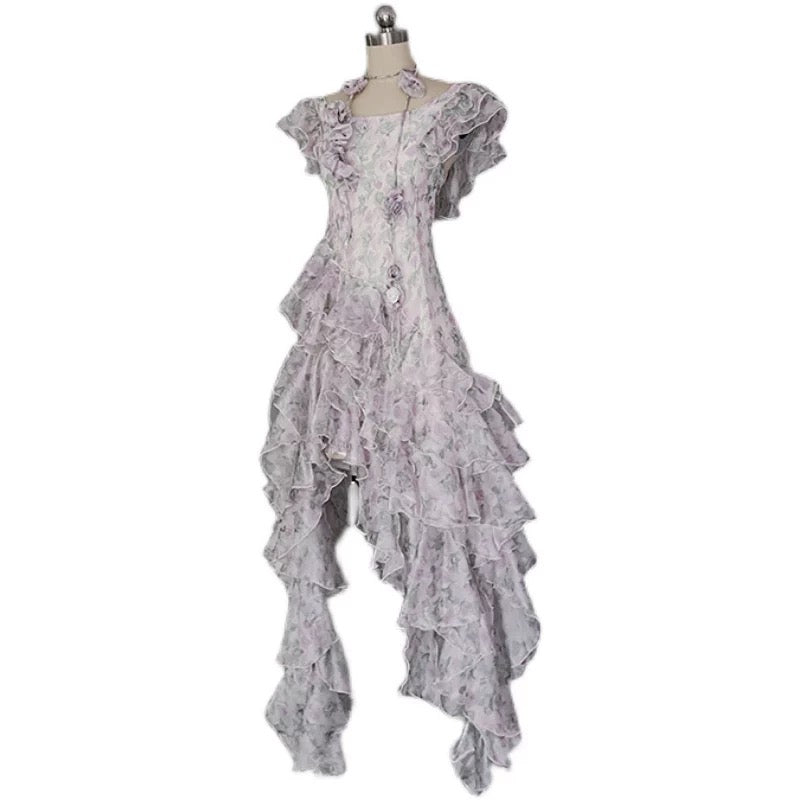 Modest A-Line Scoop Short Sleeves Floral Ruffles Prom Dresses Birthday Dress - View 2 | FashionDia