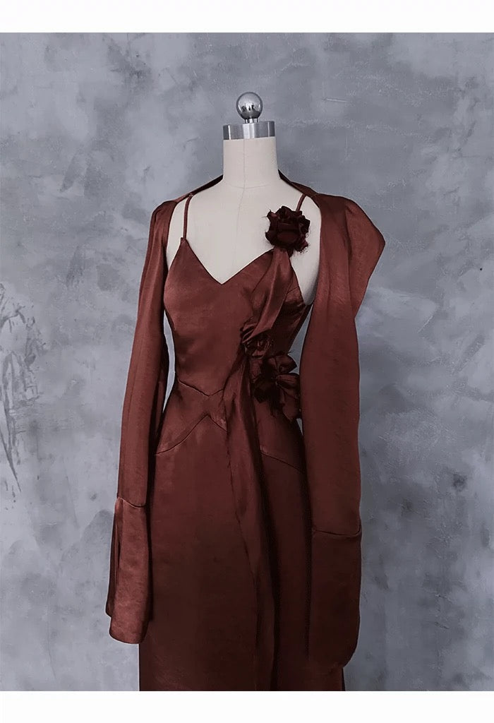 Chic A-Line Spaghetti Straps Burgundy Floral Long Prom Dresses Birthday Dress With Jacket - View 2 | FashionDia