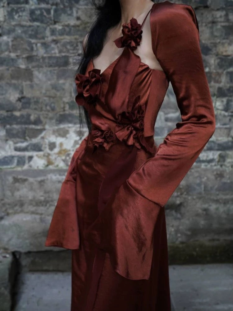 Chic A-Line Spaghetti Straps Burgundy Floral Long Prom Dresses Birthday Dress With Jacket - View 7 | FashionDia
