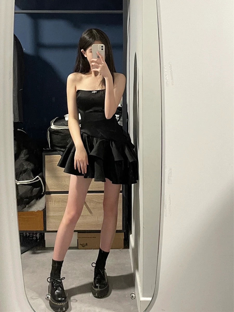 Cute A line Strapless Black Homecoming Dresses Short Satin Birthday Outfits