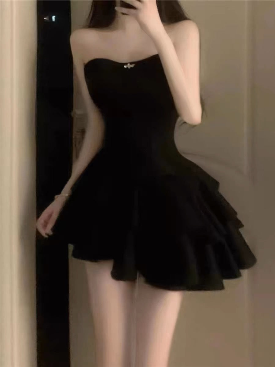 Simple A line Strapless Black Homecoming Dresses Short Satin Birthday Outfit