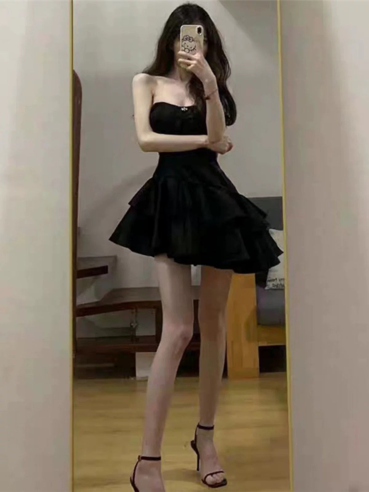 Simple A line Strapless Black Homecoming Dresses Short Satin Birthday Outfit