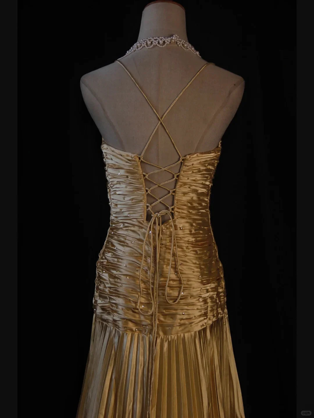 Classy A Line Halter Gold Satin Beads Long Evening Dress Prom Dresses