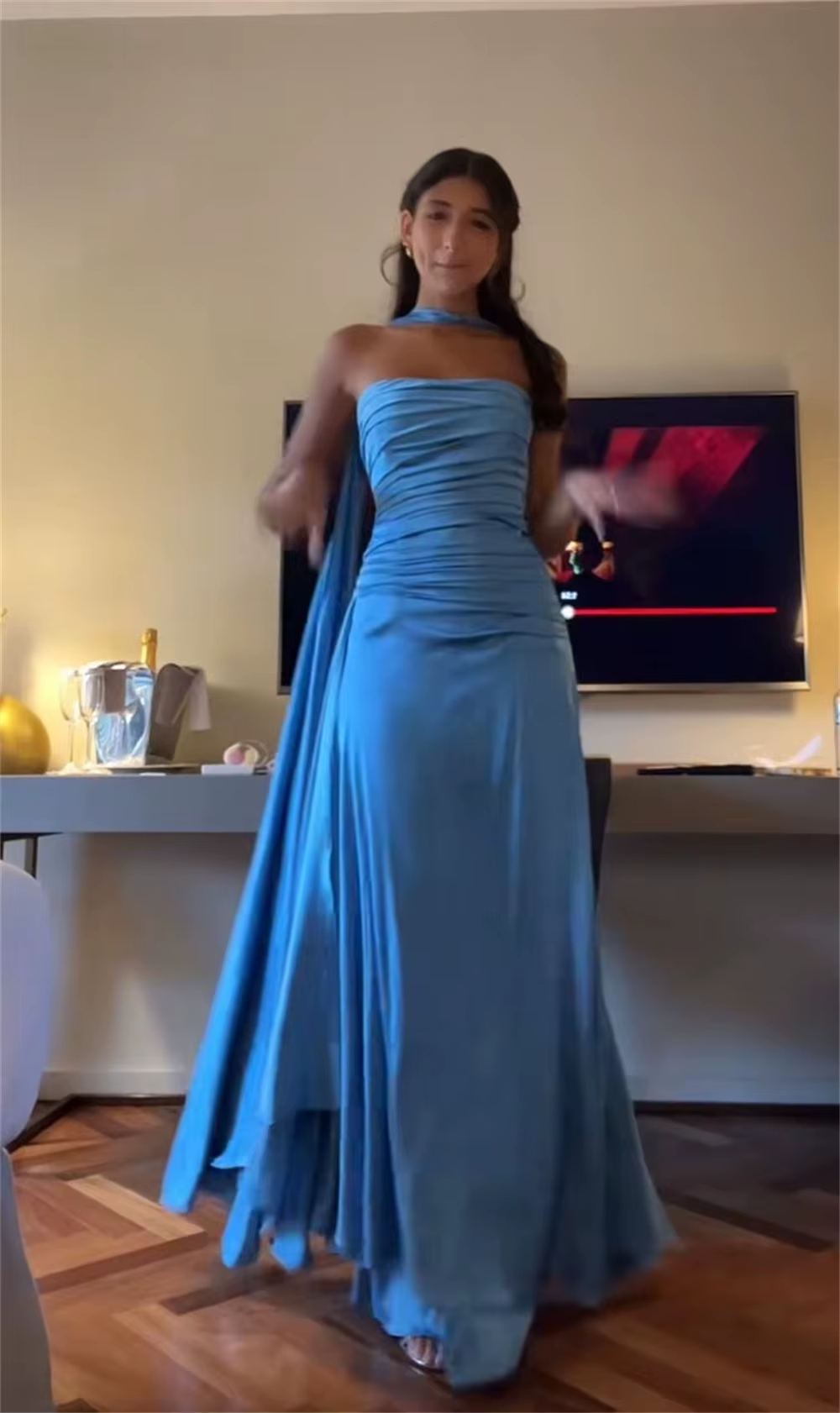 Classy Sheath Strapless With Ribbon Blue Ruffles Long Prom Dress - FashionDia