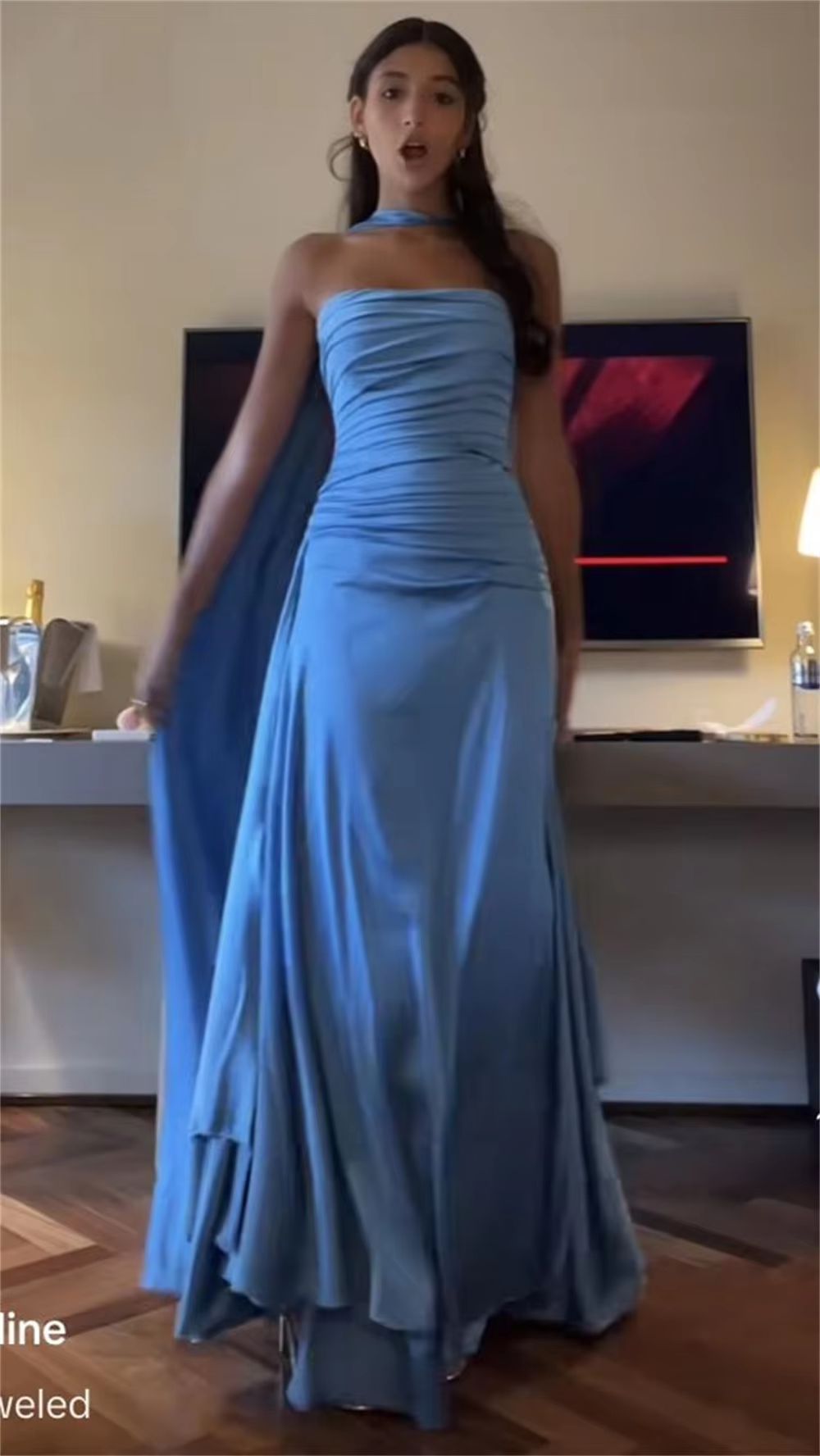 Classy Sheath Strapless With Ribbon Blue Ruffles Long Prom Dress - View 2 | FashionDia