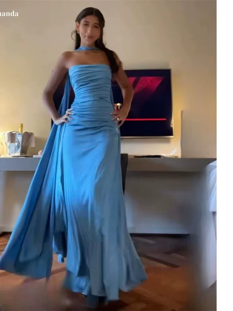Classy Sheath Strapless With Ribbon Blue Ruffles Long Prom Dress - View 5 | FashionDia