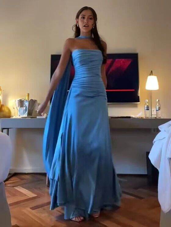 Classy Sheath Strapless With Ribbon Blue Ruffles Long Prom Dress - View 4 | FashionDia