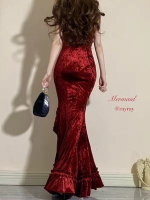 Classy Mermaid Spaghetti Straps Burgundy Ruffles Long Prom Dress