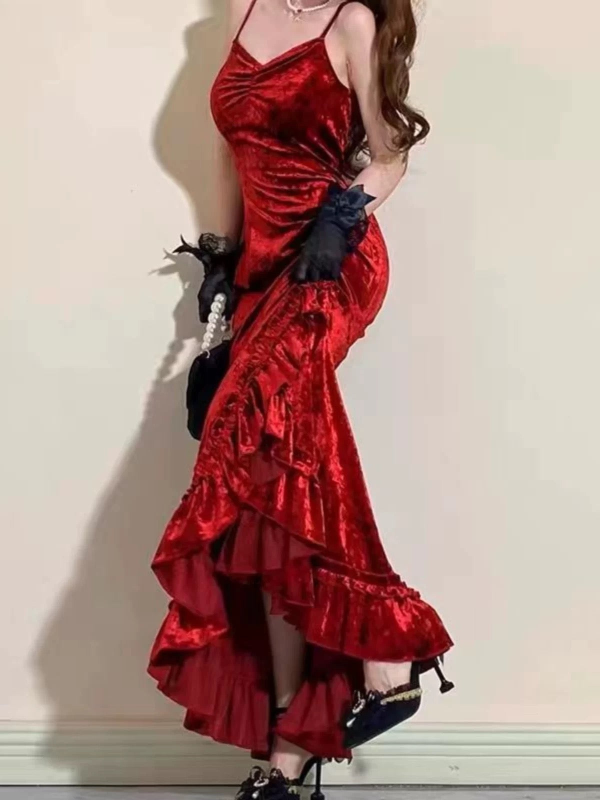 Classy Mermaid Spaghetti Straps Burgundy Ruffles Long Prom Dress