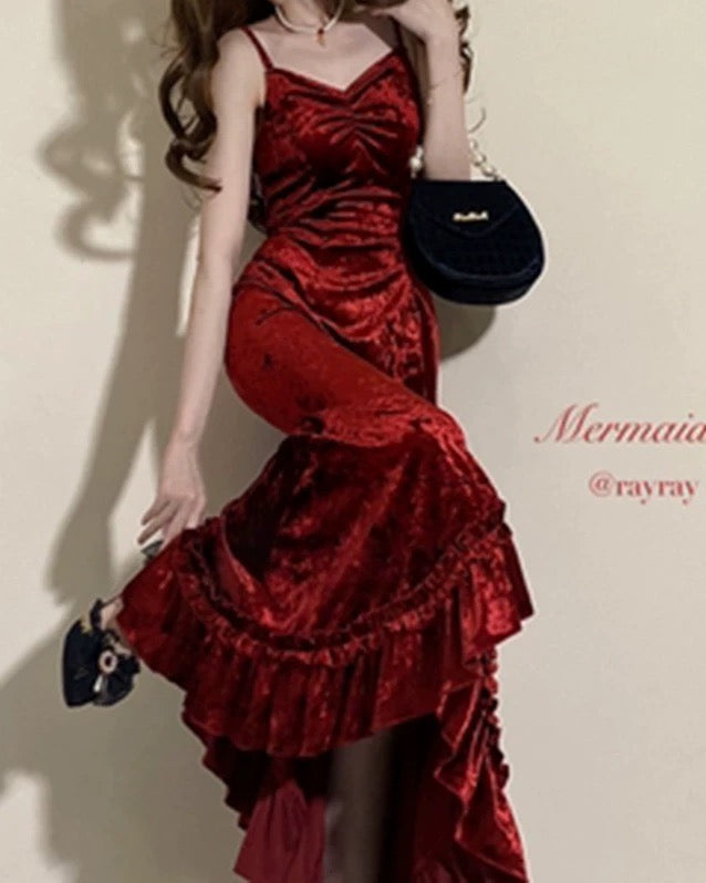 Classy Mermaid Spaghetti Straps Burgundy Ruffles Long Prom Dress