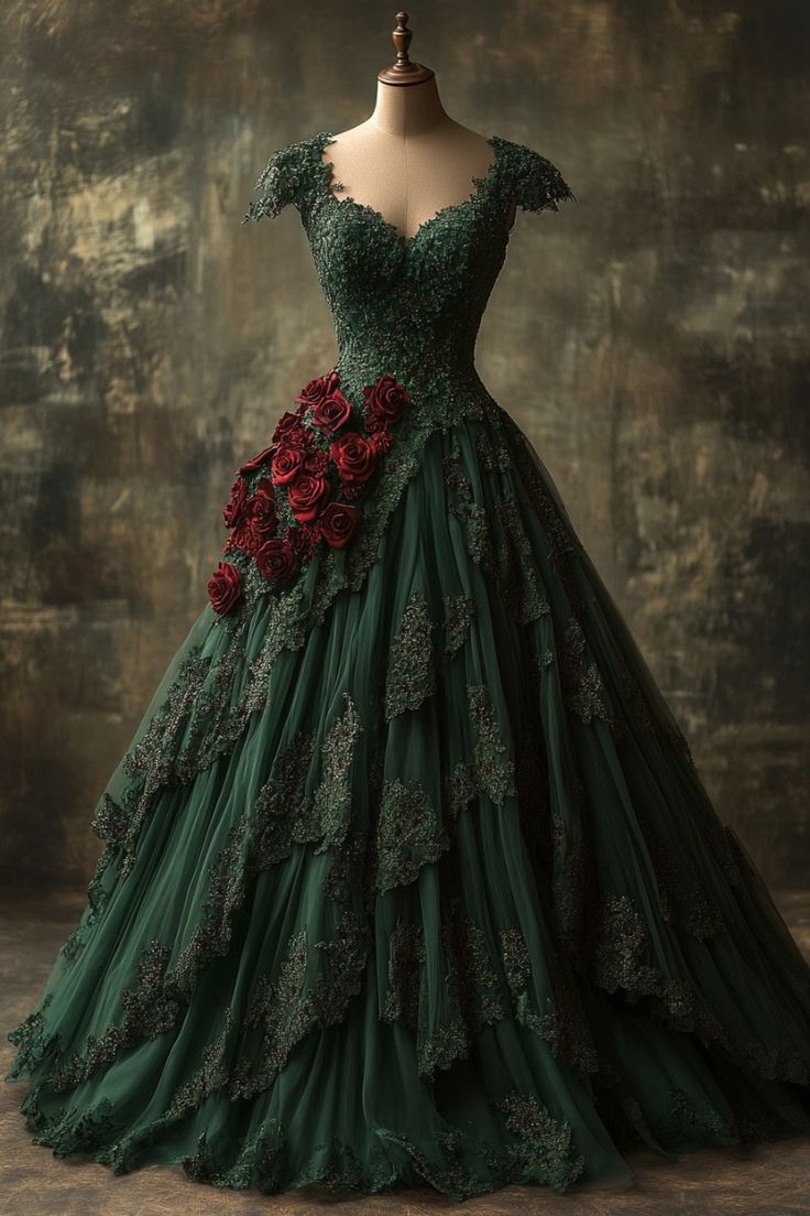 Classy Ball Gown Short Sleeves Dark Green Lace Long Party Dress Satin Prom Dresses - FashionDia