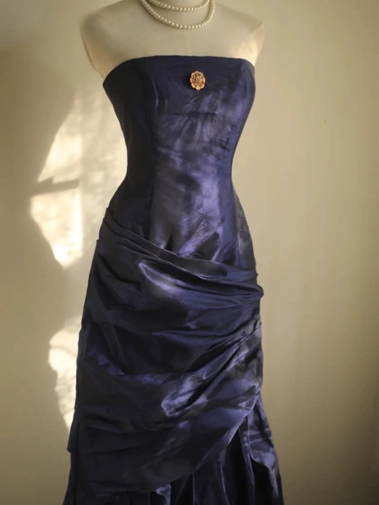 Classy Mermaid Strapless Navy Blue Organza Long Evening Gowns Prom Dress - View 4 | FashionDia