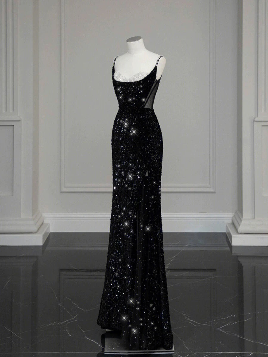 Classy Mermaid Spaghetti Straps Black Sequin Slit Long Evening Gowns Prom Dress - FashionDia