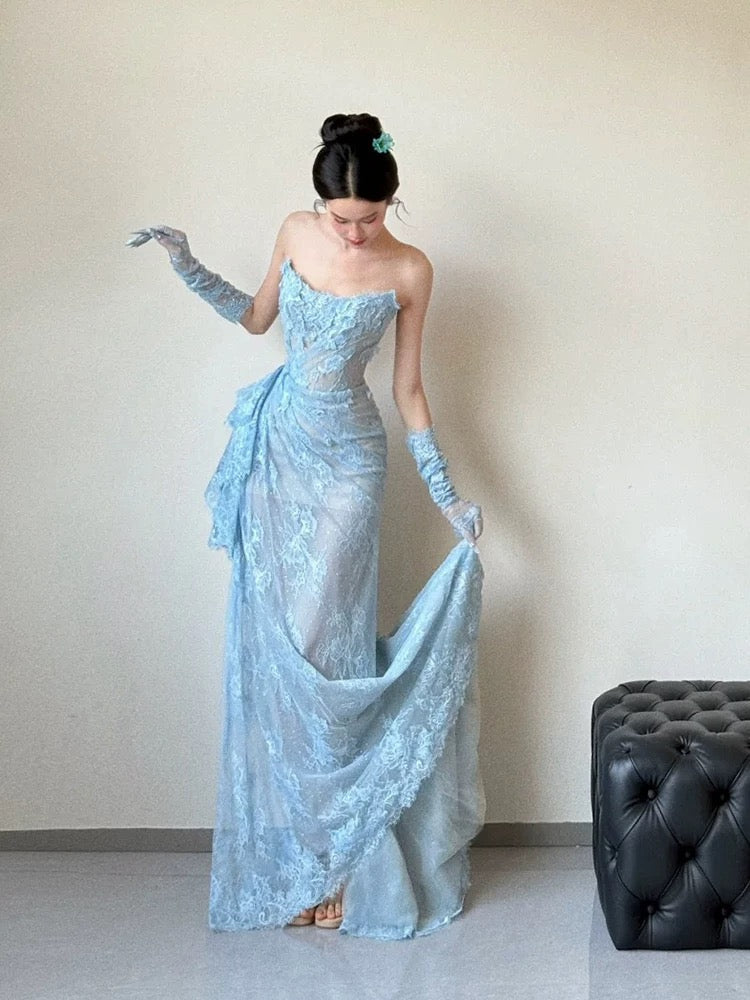 Classy Mermaid Strapless Lace Blue Long Evening Gowns Split Prom Dress - FashionDia