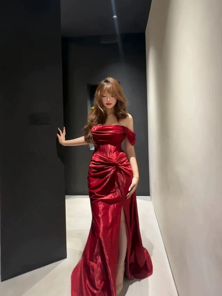 Classy Mermaid Off-the-Shoulder Red Satin Long Evening Gowns Split Prom Dress - View 2 | FashionDia