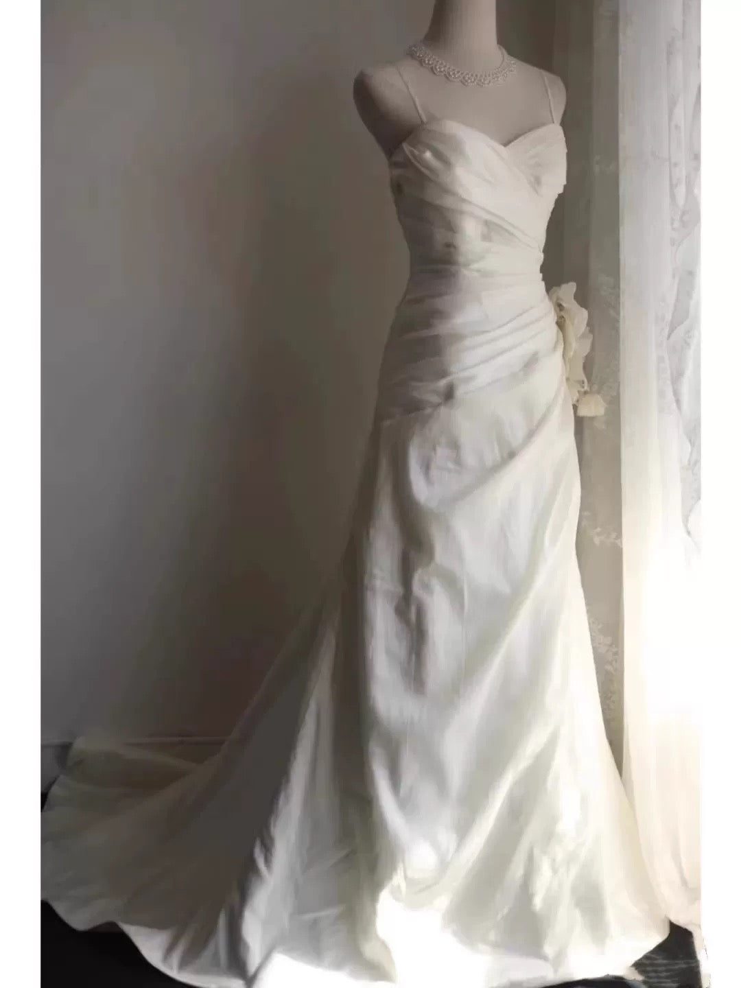 Classy Mermaid Spaghetti Straps White Satin Long Wedding Dress - FashionDia