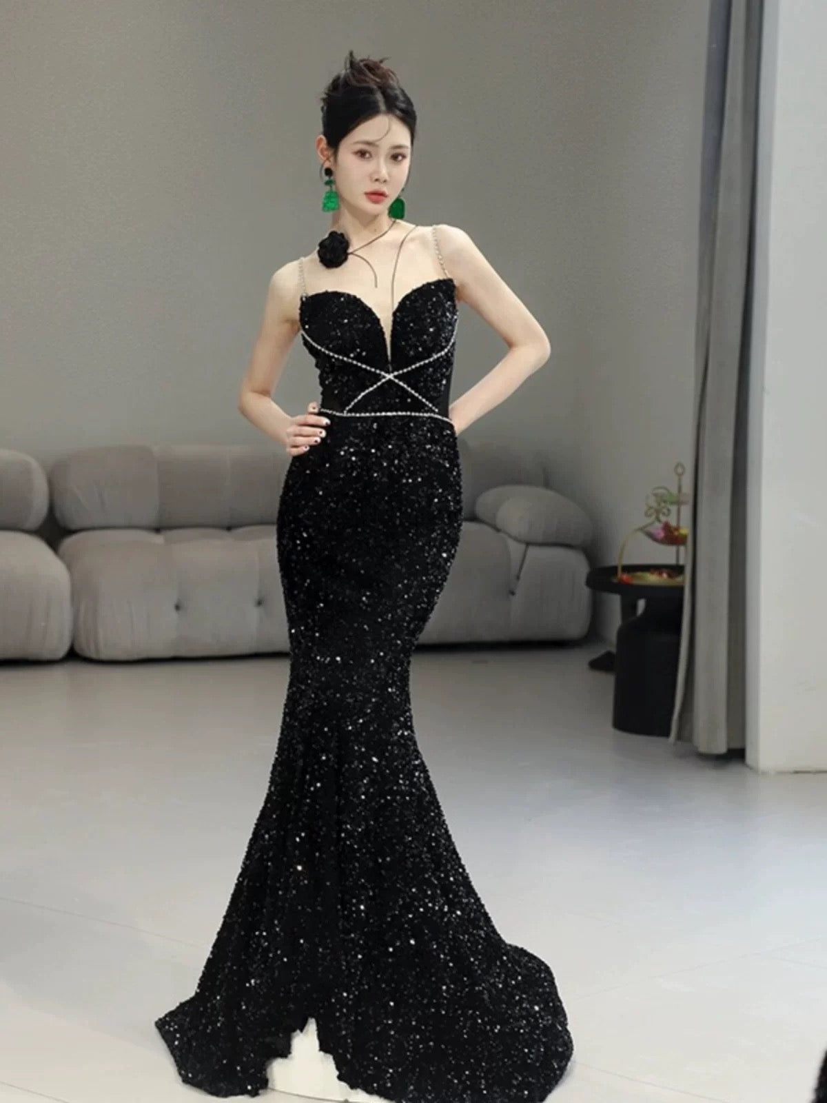 Classy Mermaid Spaghetti Straps Black Sequin Long Evening Gowns Prom Dress - View 3 | FashionDia