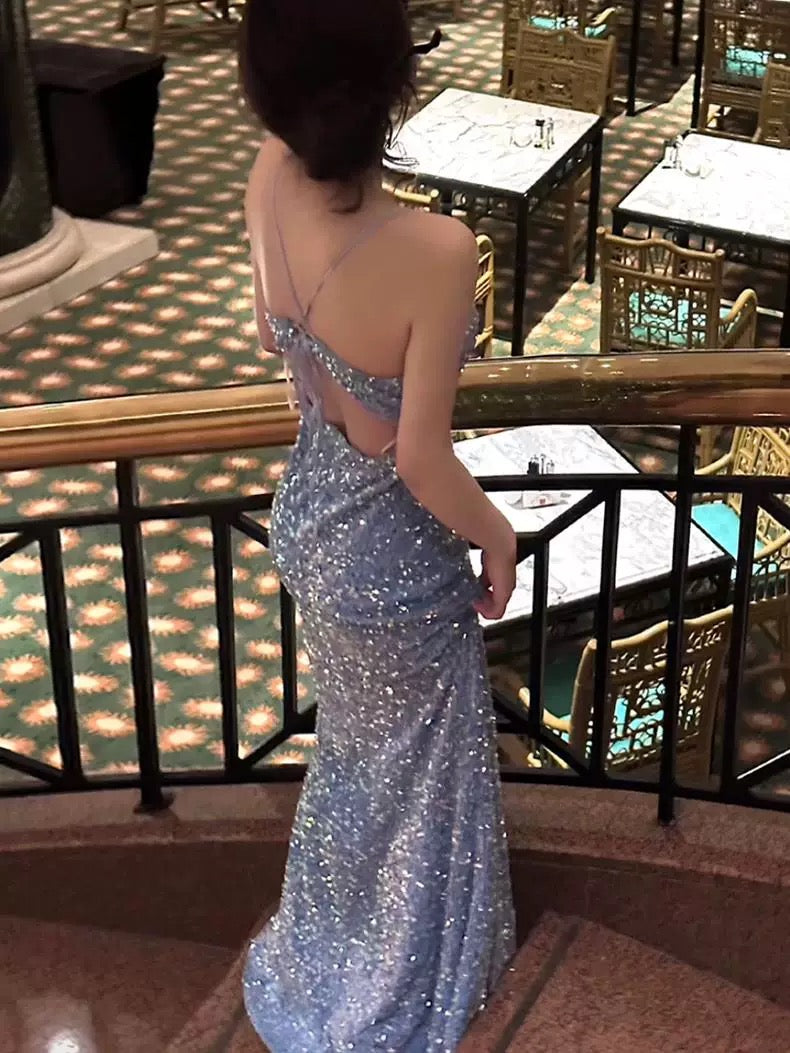 Classy Mermaid Spaghetti Straps Blue Sequin Long Evening Gowns Prom Dress