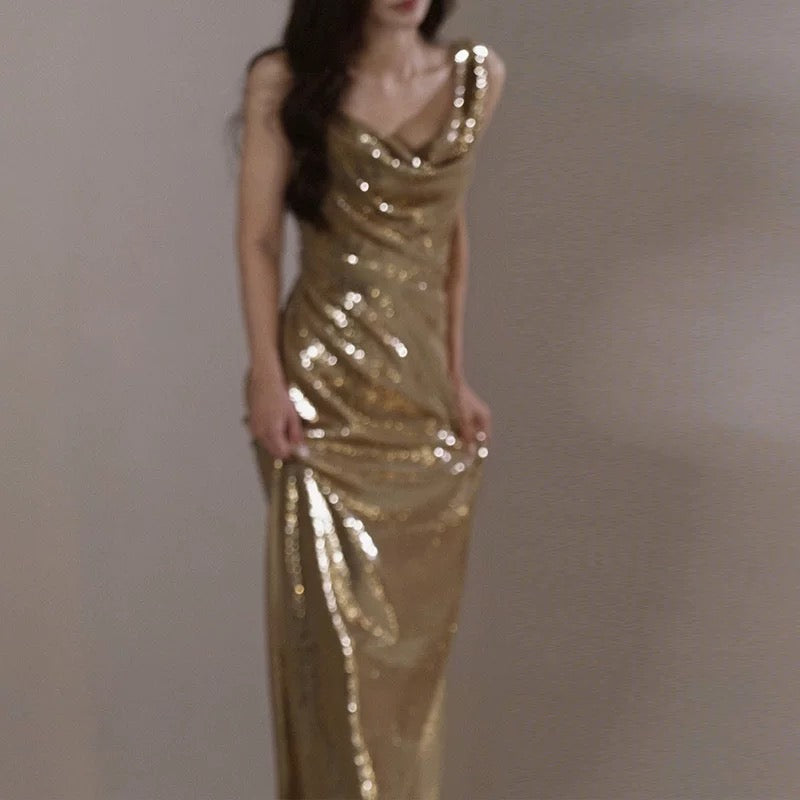 Classy Mermaid Straps Gold Sequin Long Evening Gowns Prom Dress - FashionDia