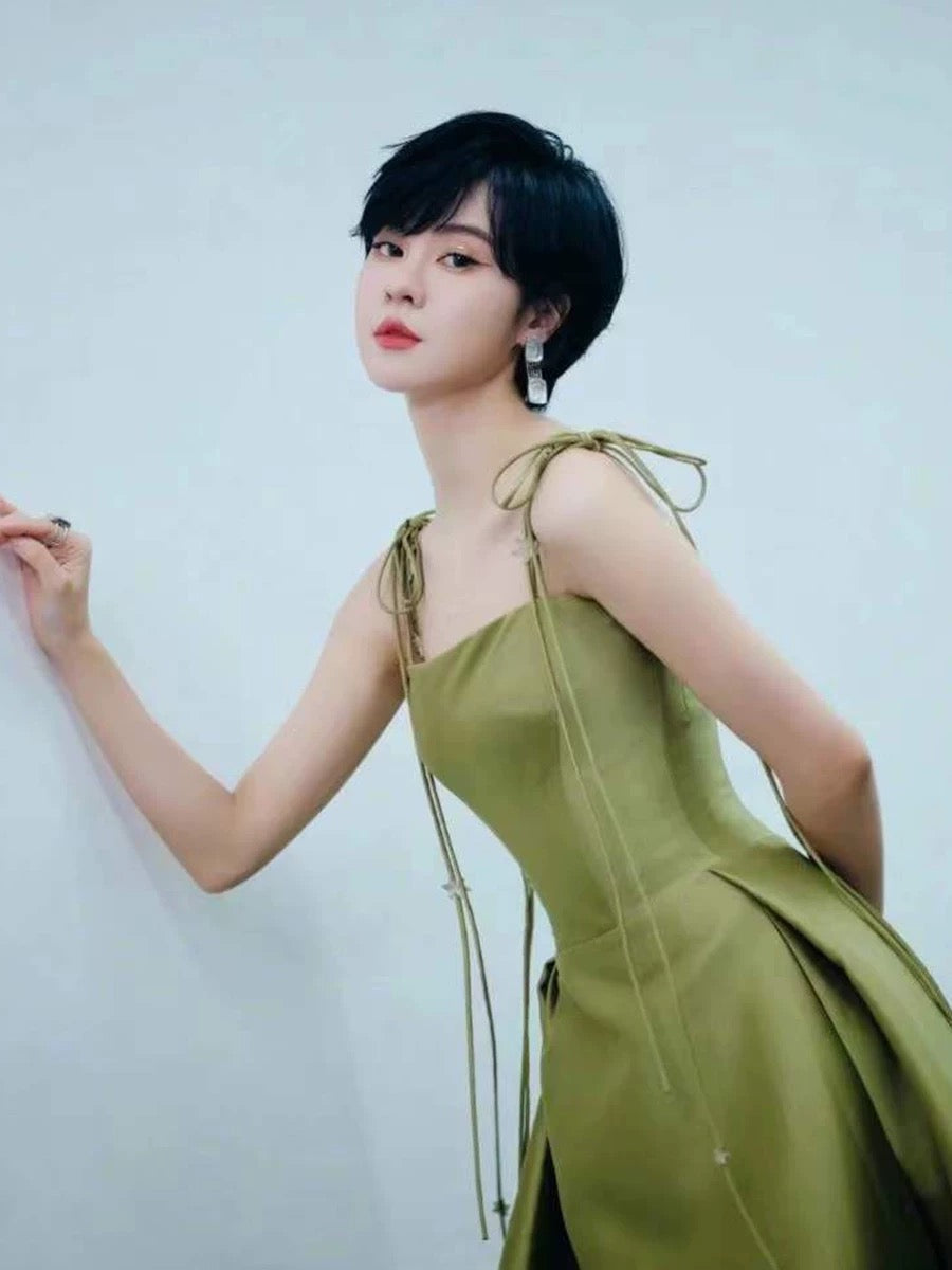 Pretty Ball Gown Straps Sage Green Satin Long Length Evening & Prom Dress - View 4 | FashionDia