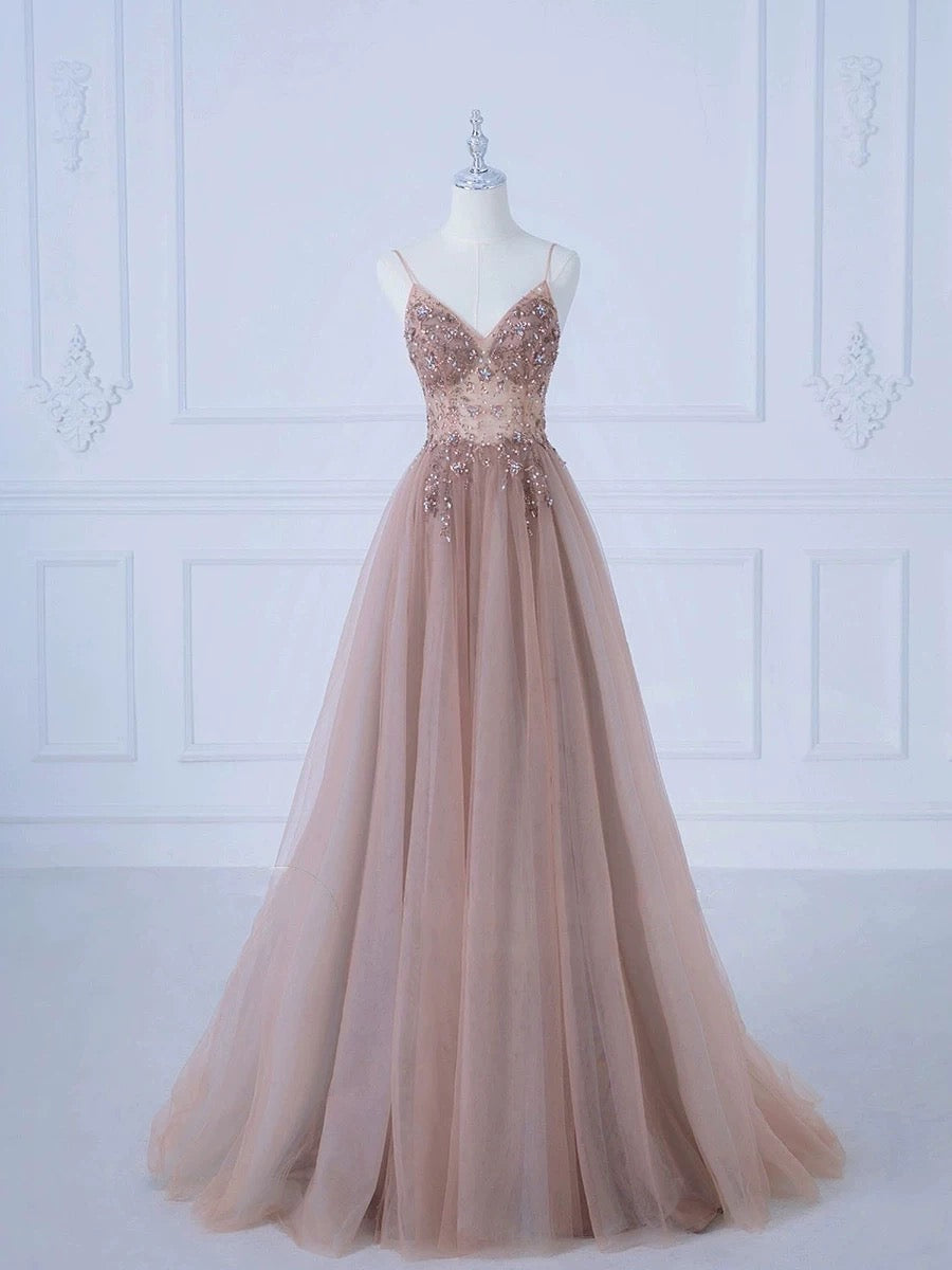 Pretty A line Spaghetti Straps Tulle Long Length Evening Dress Prom Dresses