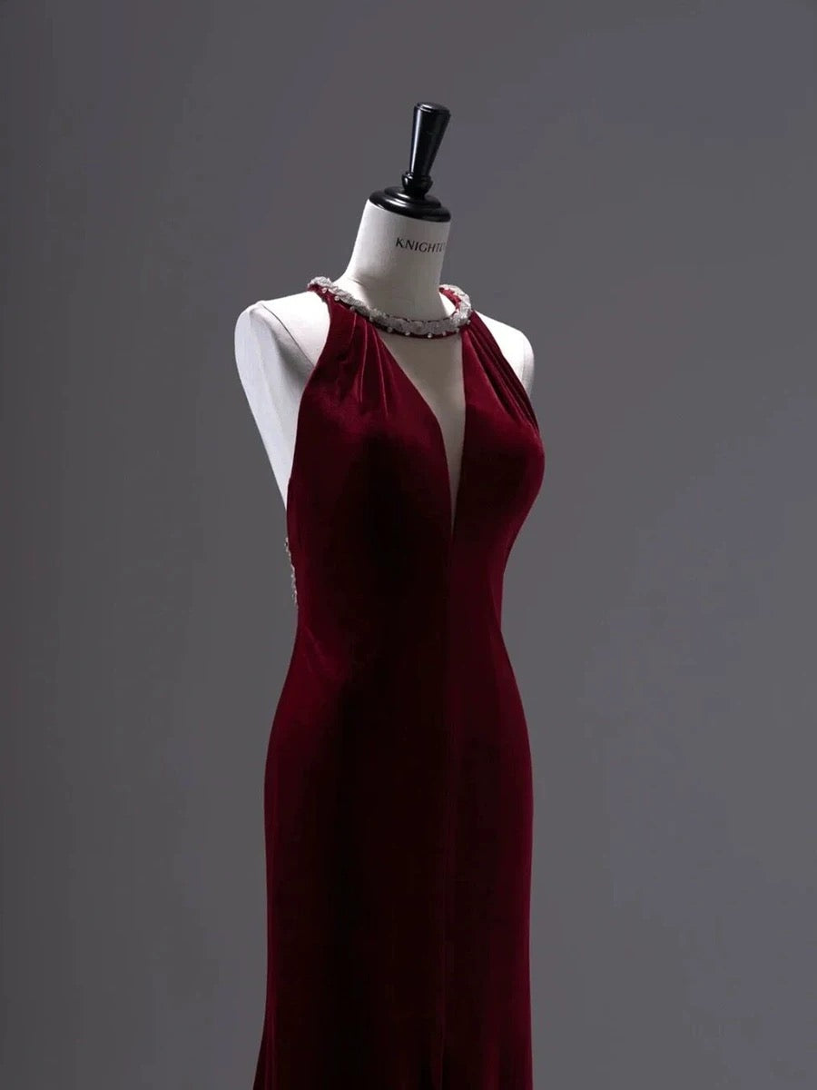 Pretty Mermaid Burgundy Velvet Long Backless Evening & Prom Dress - View 3 | FashionDia