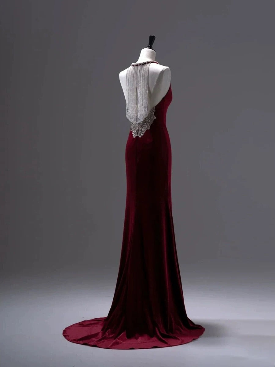Pretty Mermaid Burgundy Velvet Long Backless Evening & Prom Dress - View 2 | FashionDia