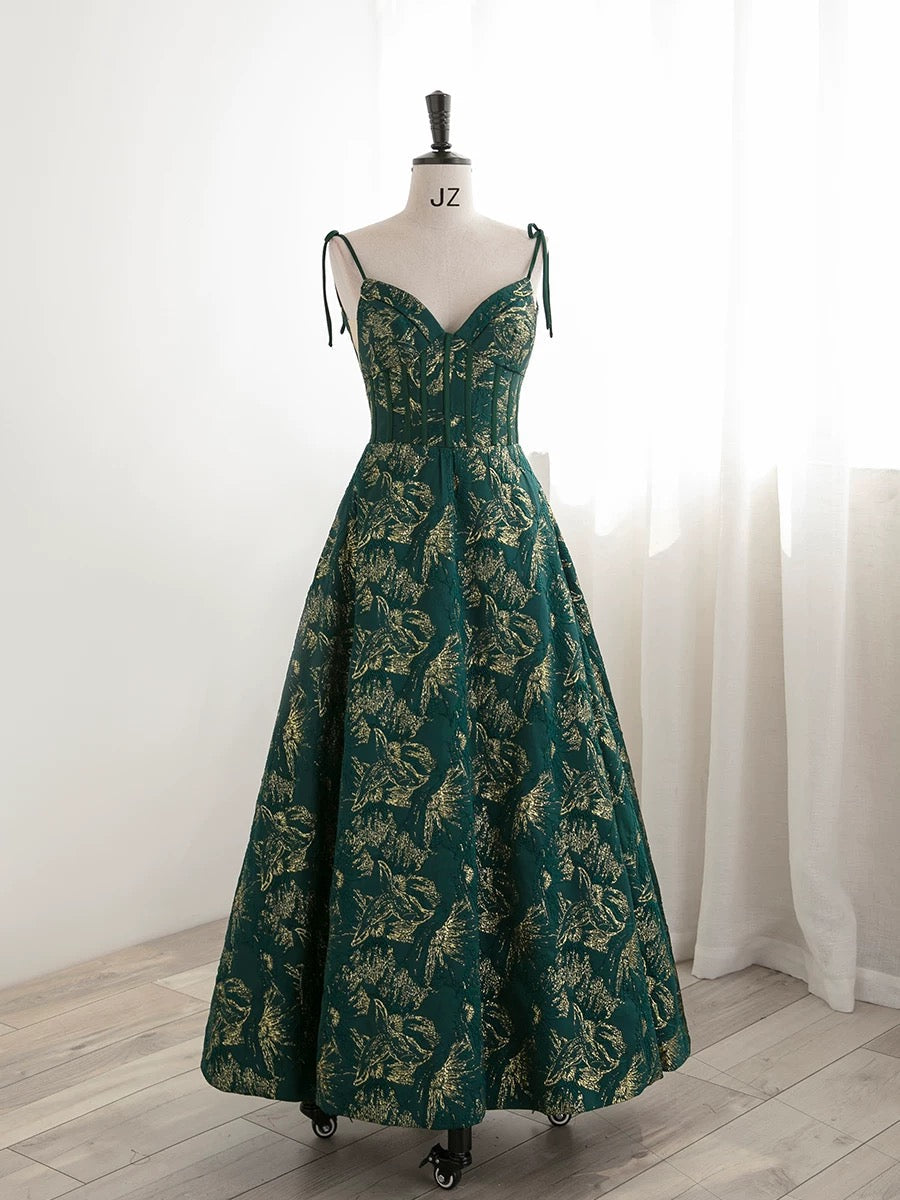 Pretty Ball Gown Spaghetti Straps Satin Green Long Length Evening Dress Prom Dresses