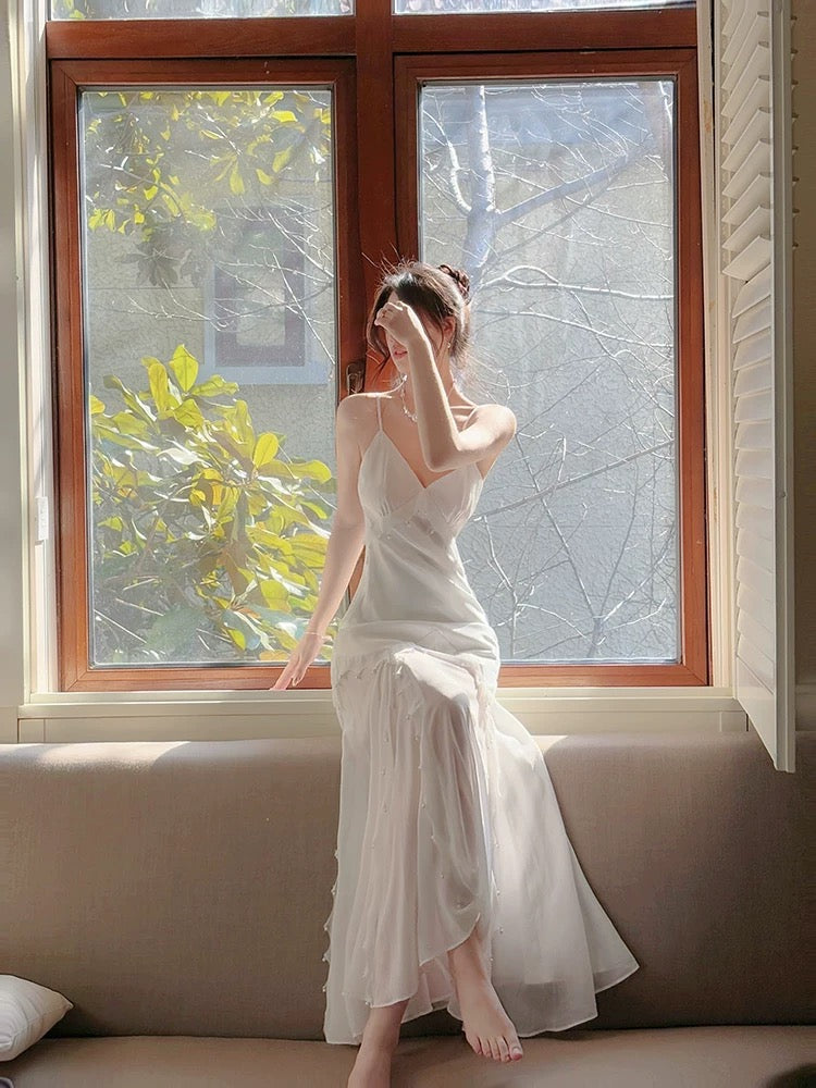 Modest Mermaid Spaghetti Straps White Long Evening Dress Prom Dresses