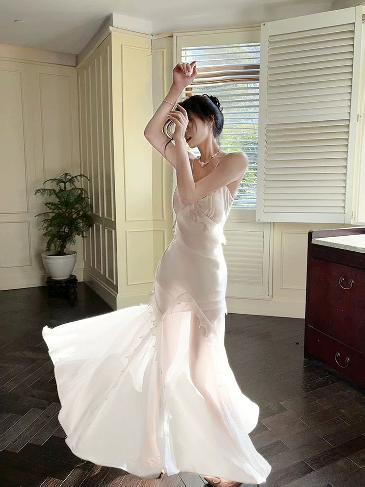Modest Mermaid Spaghetti Straps White Long Evening Dress Prom Dresses