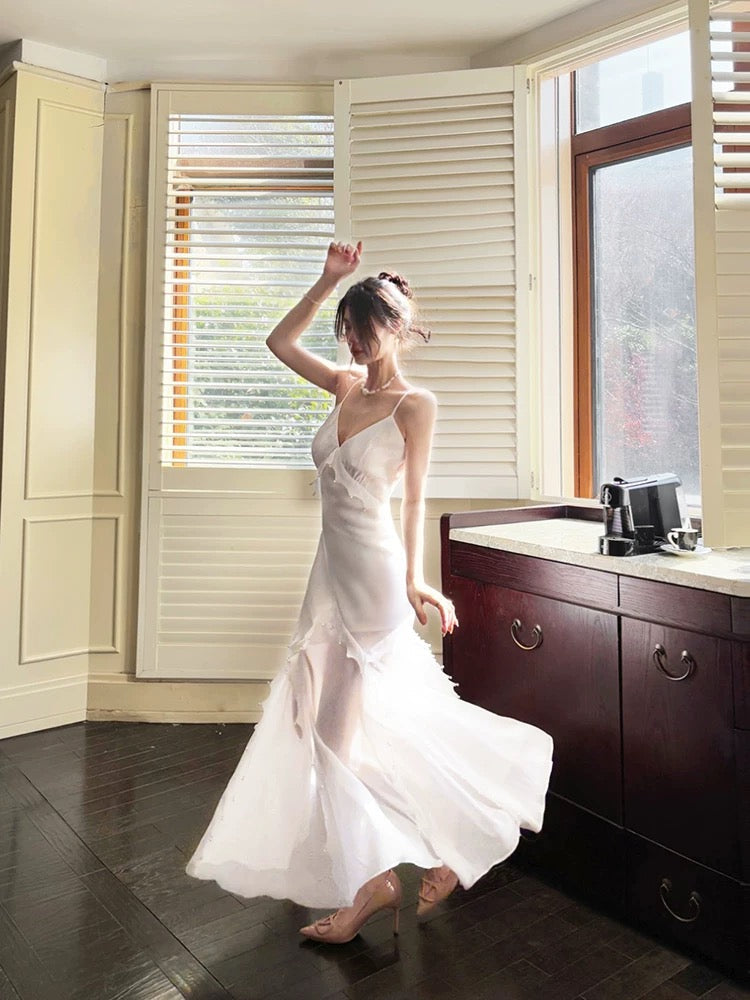 Modest Mermaid Spaghetti Straps White Long Evening Dress Prom Dresses