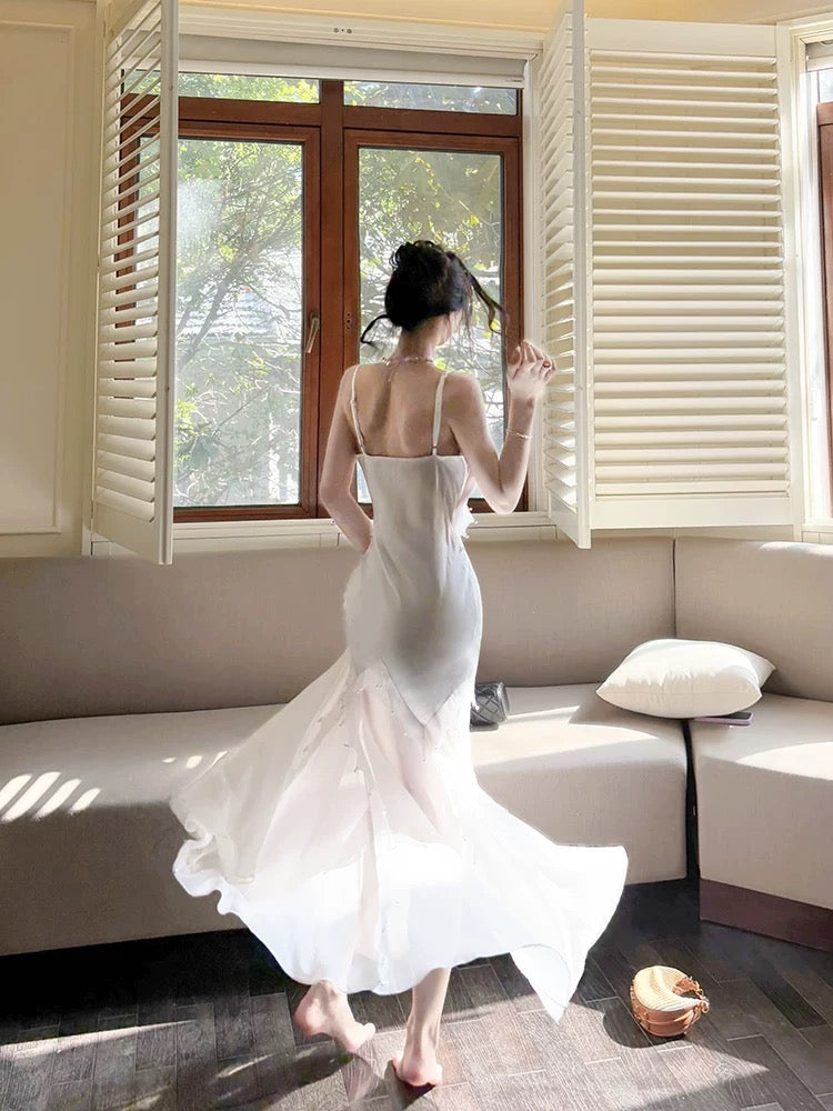Modest Mermaid Spaghetti Straps White Long Evening Dress Prom Dresses