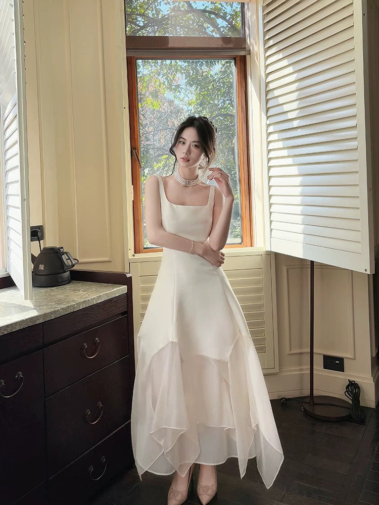 Pretty A-Line Square Neckline White Ankle Length Evening & Prom Dress - FashionDia