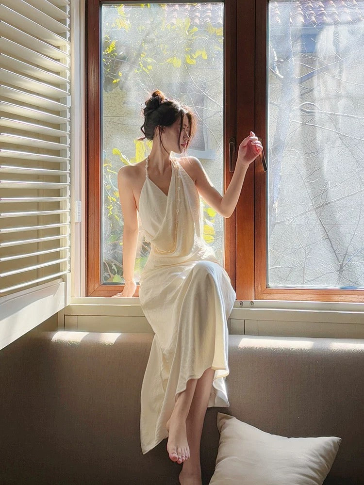 Modest Mermaid Halter Ruffles Long Evening Dress White Prom Dresses