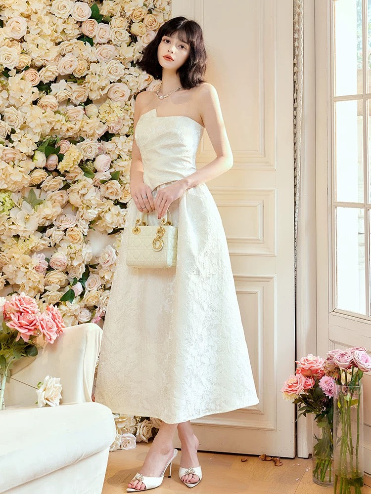 Pretty A Line Strapless Neckline White Ankle Length Evening Dress Prom Dresses