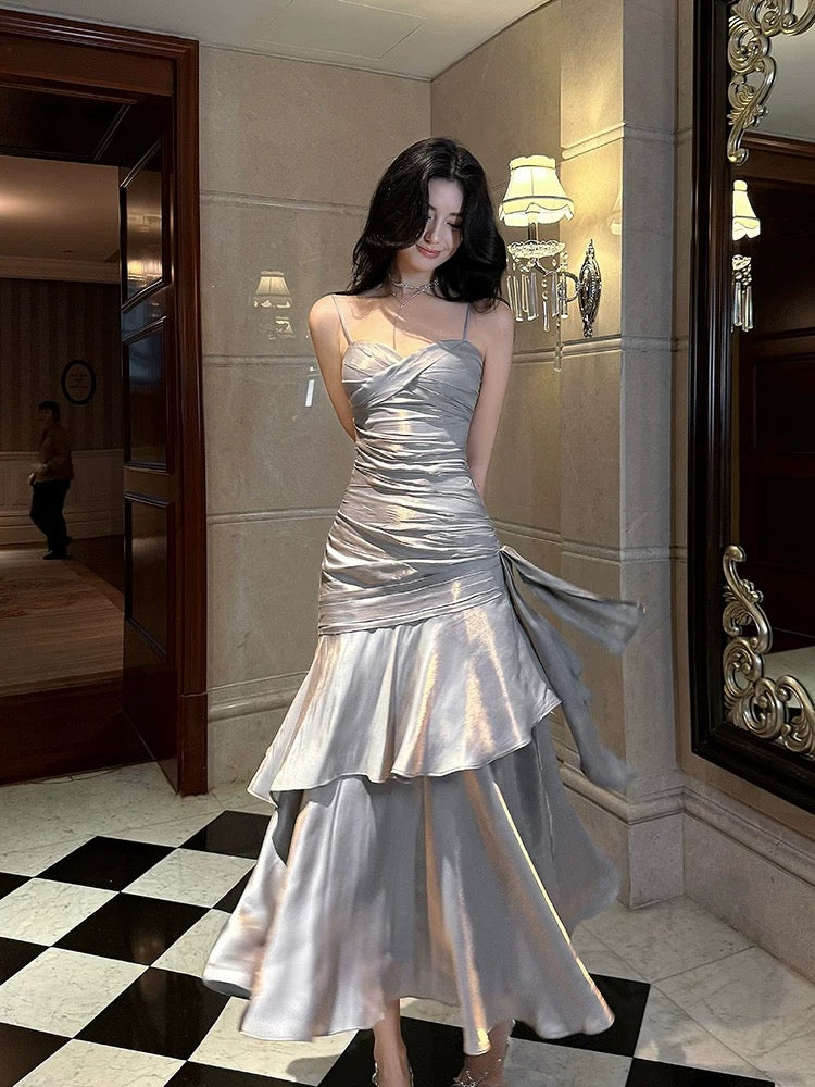 Retro Mermaid Spaghetti Straps Gray Long Length Evening Dress Prom Dresses