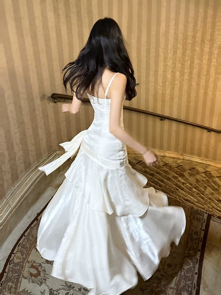 Retro Mermaid Spaghetti Straps Long Length White Evening Dress Prom Dresses